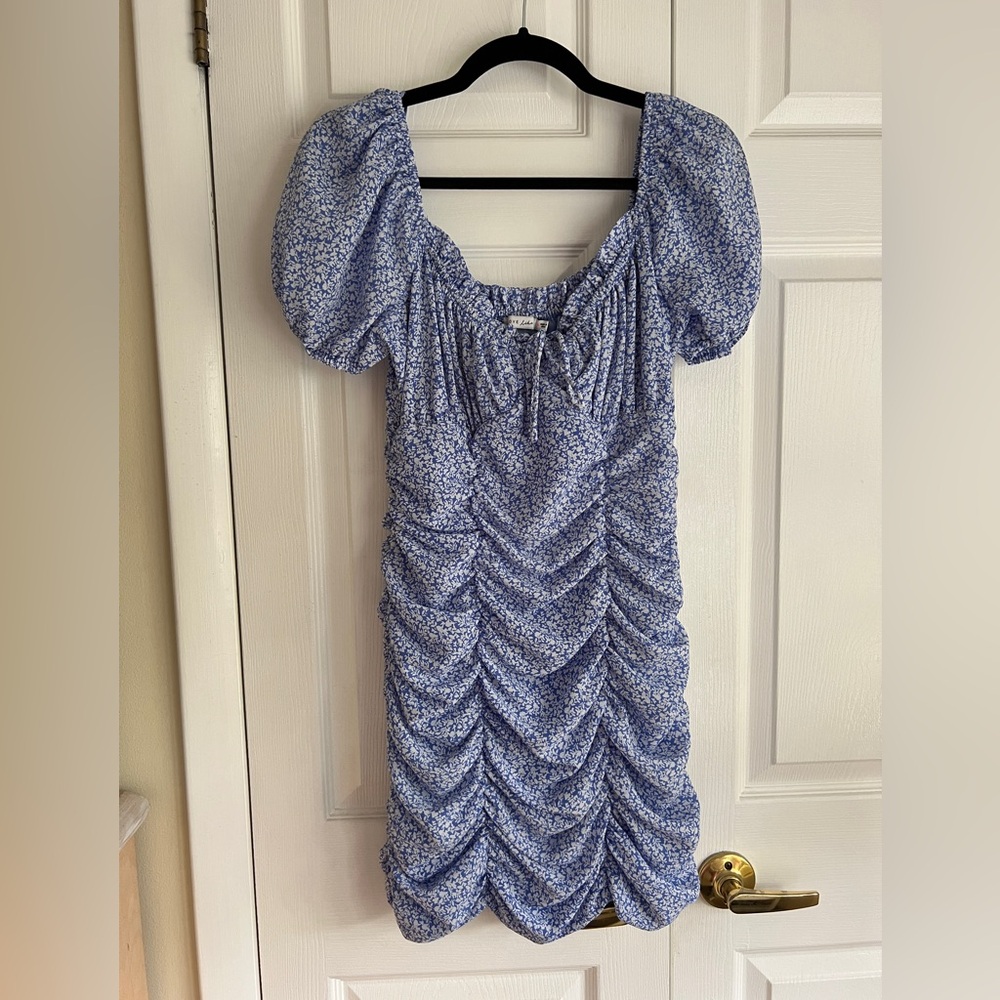 Periwinkle colored milkmaid floral mini dress, medium, barely worn